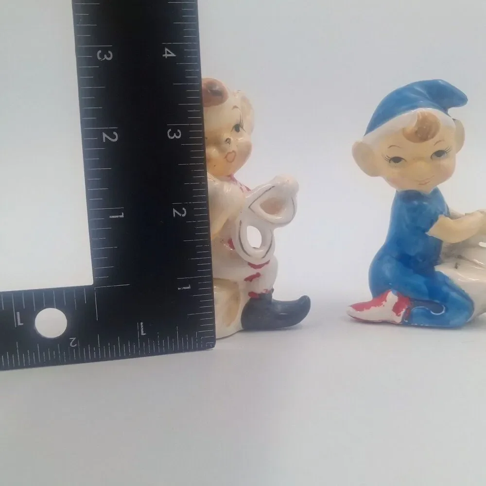 Vintage Sewing Pixie Elf Salt Pepper Shaker Set Ceramic MCM Ironing Scissors